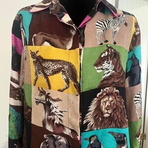 Vintage 1990s Jerri Sherman Women's Brown Multicolored 100% Silk Animals Blouse